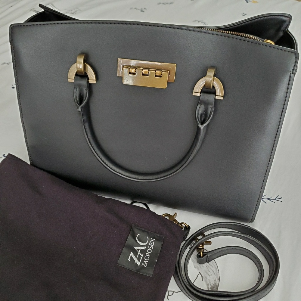 Zac Posen Black Leather Eartha Barrel Satchel Bag